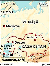 Dossor is on the north-eastern shores of the Caspian Sea. Venäjä = Russia; Suomi = Finland.