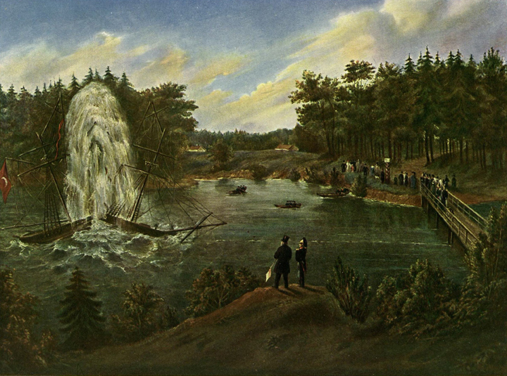A watercolour painted by Imanuel Nobel himself in which Imanuel, on the left of the hill in the foreground, demonstrates his underwater mines to Tsar Nicholas I.