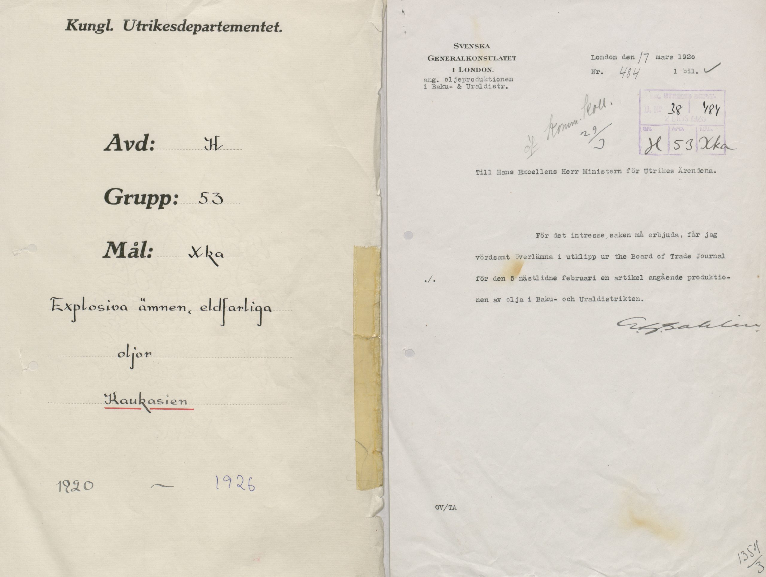 A confidential report by the Vice Consul in Moscow K. Lundberg regarding oljeindusti and oil production in the Baku area. From the Foreign Ministrys file system 1920 stored at the National Archives of Sweden.